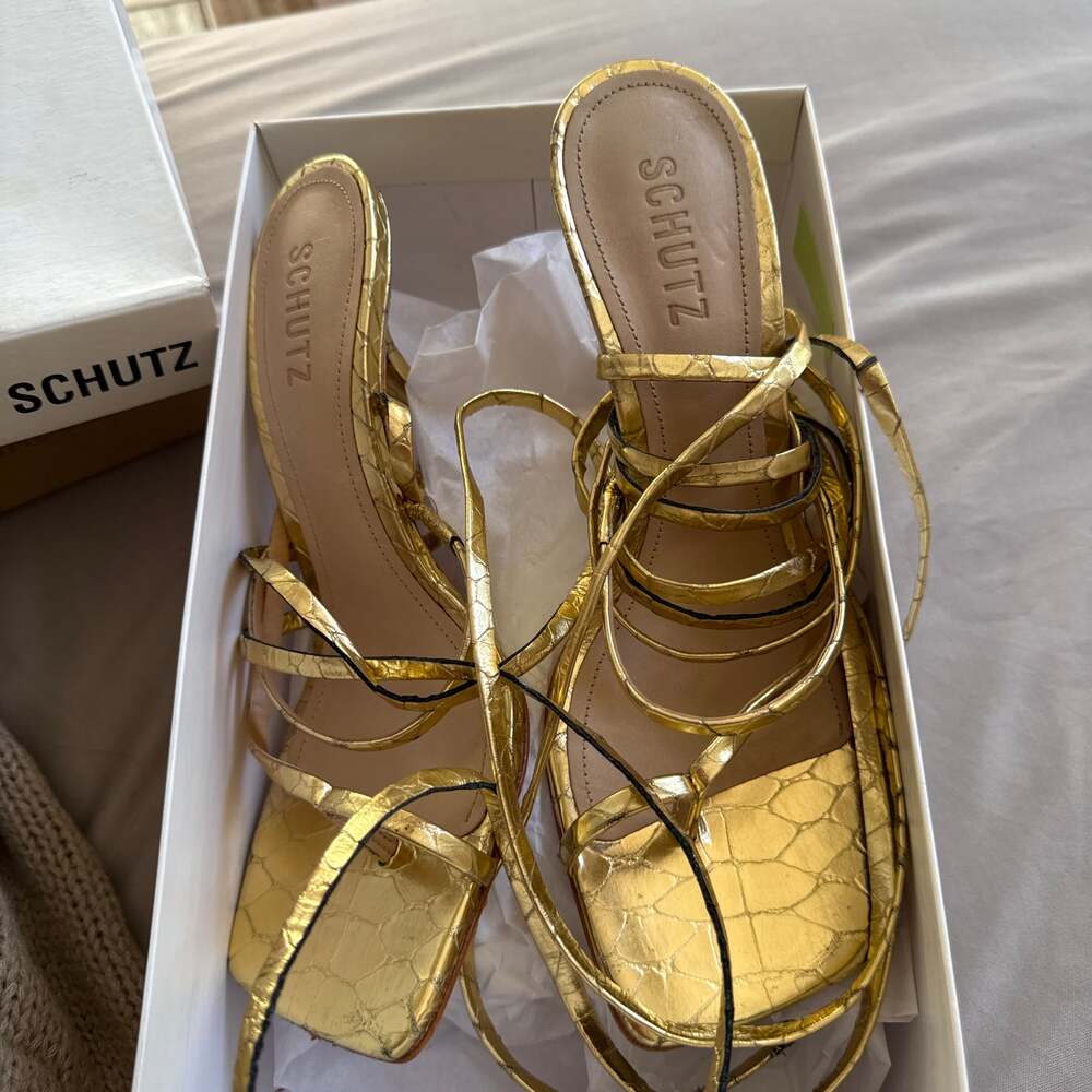 Schutz Metallic Gold Lace-Up Flat Strappy Sandals
